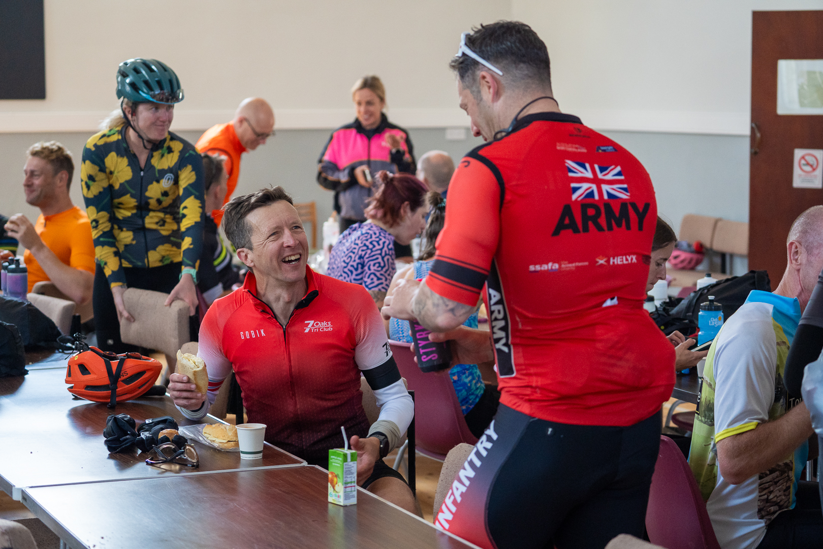 Cyclists eating and socialising during the event